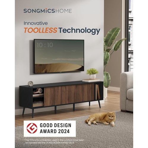 SONGMICS HOME 72 inch tv stand, toolless assembly, wire management minimalist entertainment center console with 3 adjustable storage compartments