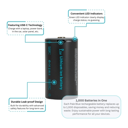Batteries Rechargeable D avec chargeur USB bleu pâle, batterie au lithium-ion 1,5 V 5000 mAh, recharge rapide, plus de 1000 cycles,