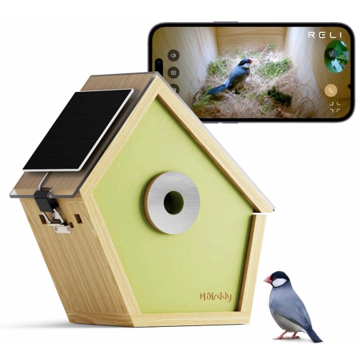 Reli Birddy Smart Bird House with Camera, Solar Powered Cam Bird Nest with AI Recognition, Time-lapse Photography, WiFi Outdoor Nesting Box, Ideal Gi