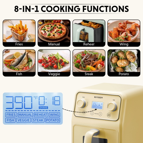 BUYDEEM F51 8-in-1 Air Fryer 4.2QT, Retro Countertop Airfryer Oven with Visible Window, Shake Reminder, One-touch Control with LCD Display, Mellow