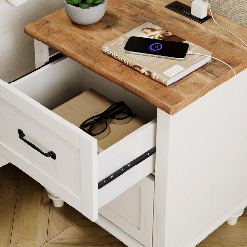 WAMPAT Nightstand with Charging Station Set of 2,Farmhouse End Sofa Table with USB Ports&Power Outlets for Living Room,Bed Side Table with 2 Drawers