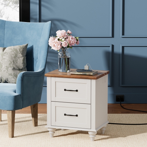 WAMPAT Nightstand with Charging Station Set of 2,Farmhouse End Sofa Table with USB Ports&Power Outlets for Living Room,Bed Side Table with 2 Drawers
