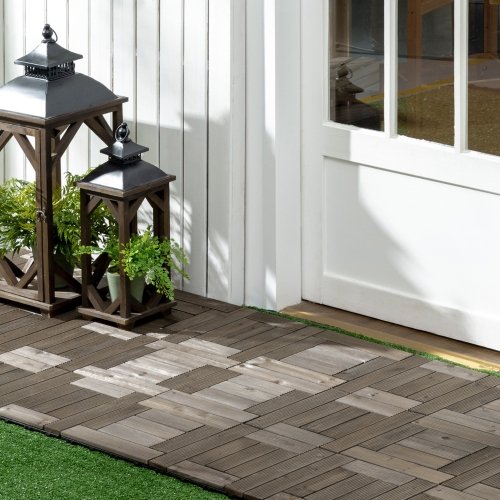 Outsunny 27 Pcs Wooden Interlocking Deck Tiles, 12" x 12" Non-slip Outdoor Flooring Tiles, 27 sq.ft. per Pack, All Weather for Indoor Outdoor Patio