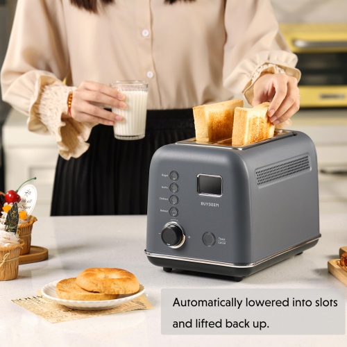 BUYDEEM DT730 2-Slice Motorized Toaster, Smart Digital Leverless Toaster with LCD Countdown Timer, 9-Shade Settings for Toast, Bagels, Muffins