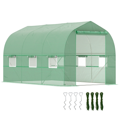 Outsunny – Tunnel de plantes extérieures à serre avec porte enroulable et 6 fenêtres en filet, cadre en acier, vert, 6,6 x 11 x 7 pi