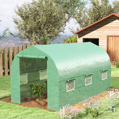Outsunny – Tunnel de plantes extérieures à serre avec porte enroulable et 6 fenêtres en filet, cadre en acier, vert, 6,6 x 11 x 7 pi