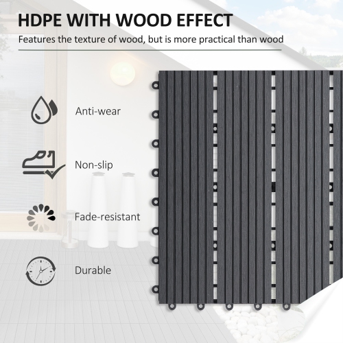 Outsunny 11 Pcs Plastic Interlocking Deck Tiles, 12" x 12" Non-slip Outdoor Flooring Tiles, 11 sq.ft. per Pack, All Weather for Indoor Outdoor Patio