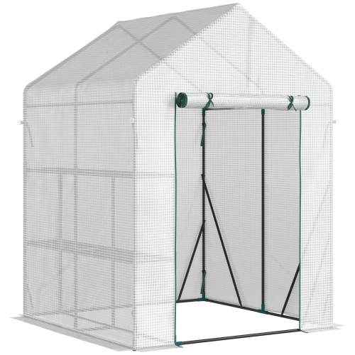 Jardinière extérieure Outsunny, 56 x 56&nbsp;po, maison chaude de jardin portative avec tablette à 2 niveaux, porte enroulable à fermeture à