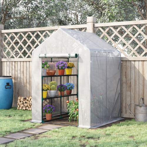 Jardinière extérieure Outsunny, 56 x 56&nbsp;po, maison chaude de jardin portative avec tablette à 2 niveaux, porte enroulable à fermeture à