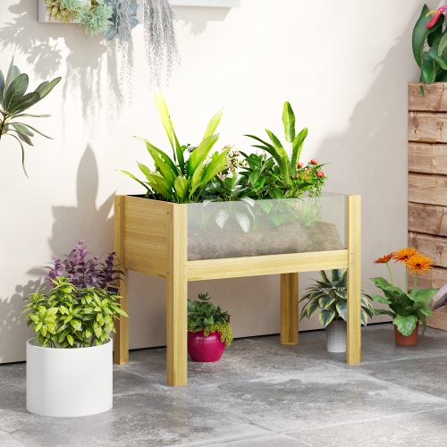 Outsunny Wooden Raised Garden Bed Planter with Acrylic Panels, Elevated Planter Box Outdoor Raised Planter with Drainage Holes for Vegetables Flowers