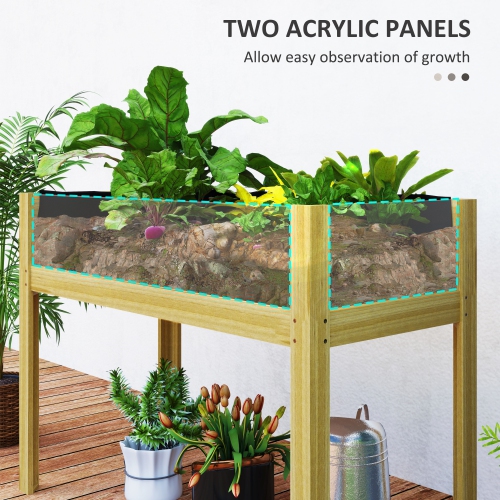 Outsunny Wooden Raised Garden Bed Planter with Acrylic Panels, Elevated Planter Box Outdoor Raised Planter with Drainage Holes for Vegetables Flowers