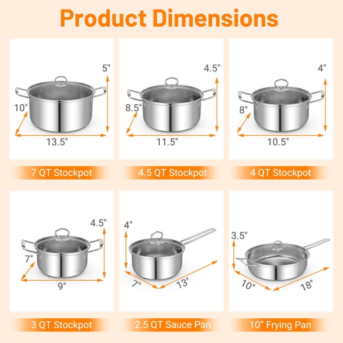 Costway 12 PCS Pots & Pans Set with Tempered Glass Lids Handles & 3-Ply Base 4 Stockpots