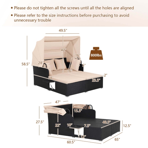 Costway Patio Rattan Daybed Lounge Retractable Top Canopy Side Tables Cushions