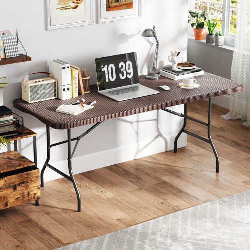 Costway 350 LBS Fold-in-Half Table with Rattan-Like HDPE Tabletop Safe Lock Mechanism