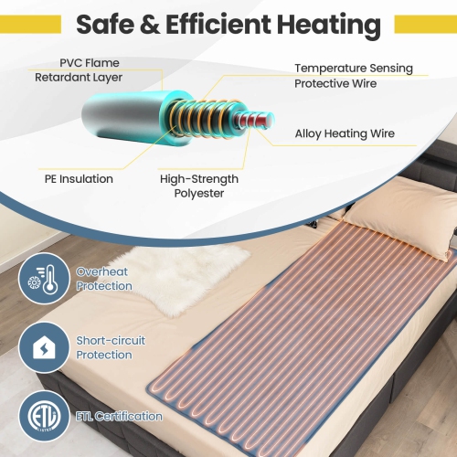 Costway 71 x 30 Inch Twin Size Heating Massage Table Warmer with 5 Heating Levels 8H Timer