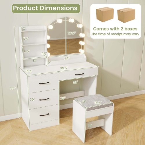 Costway Vanity Set with Mirror and Lights Dressing Table and Chair 4 Drawers 3 Open Shelves