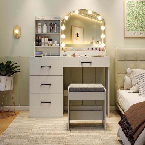 Costway Vanity Set with Mirror and Lights Dressing Table and Chair 4 Drawers 3 Open Shelves