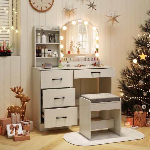 Costway Vanity Set with Mirror and Lights Dressing Table and Chair 4 Drawers 3 Open Shelves