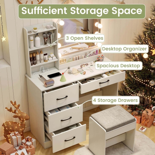 Costway Vanity Set with Mirror and Lights Dressing Table and Chair 4 Drawers 3 Open Shelves