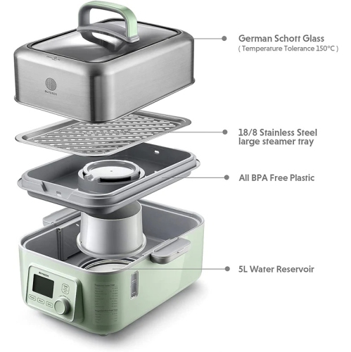 BUYDEEM G553 5-Quart Electric Food Steamer for Cooking, One Touch Multifunctional Vegetable Steamer, Quick Steam in 60s, Stainless Steel Tray & Glass