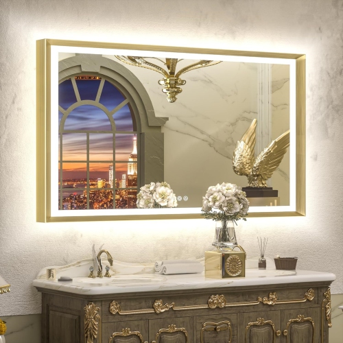 48 x 30 LED Bathroom Mirror with Lights Gold Metal Framed Front & Back Light Vanity Mirror Baroque Antifog Stepless Dimmable White/Warm/Natural, Wall