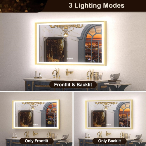 48 x 30 LED Bathroom Mirror with Lights Gold Metal Framed Front & Back Light Vanity Mirror Baroque Antifog Stepless Dimmable White/Warm/Natural, Wall