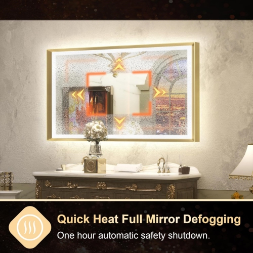 48 x 30 LED Bathroom Mirror with Lights Gold Metal Framed Front & Back Light Vanity Mirror Baroque Antifog Stepless Dimmable White/Warm/Natural, Wall