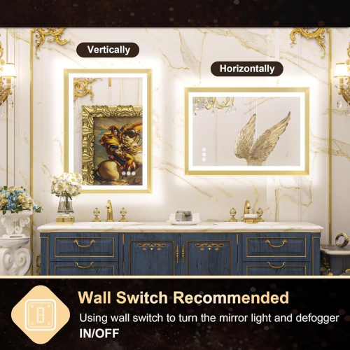 48 x 30 LED Bathroom Mirror with Lights Gold Metal Framed Front & Back Light Vanity Mirror Baroque Antifog Stepless Dimmable White/Warm/Natural, Wall