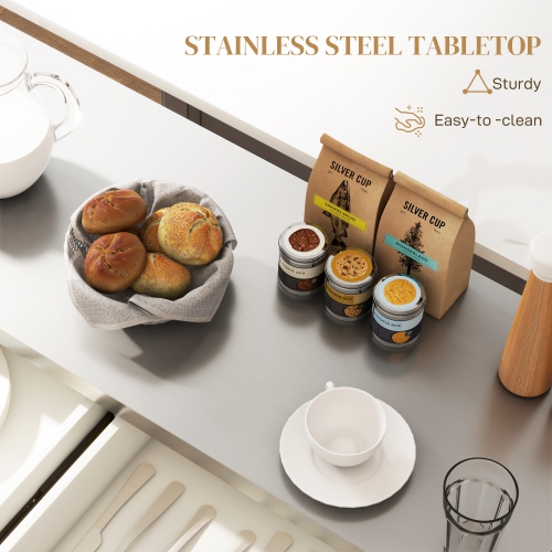 Îlot de cuisine de HOMCOM avec rangement, chariot de cuisine sur roulettes avec dessus en acier inoxydable, 2 tiroirs, 2 armoires, support à épices,