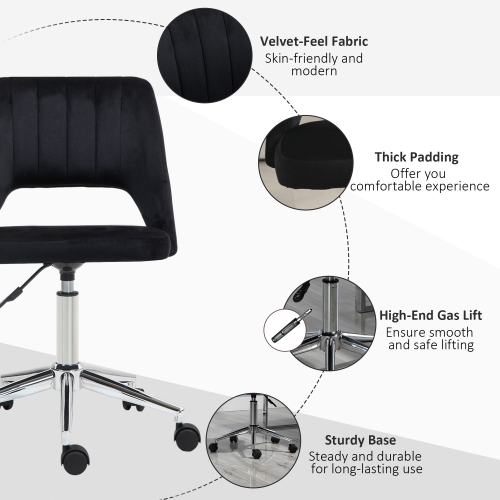 Vinsetto Office Desk Chair, Height Adjustable Computer Task Chair, Modern Fabric Makeup Vanity Chair with Swivel Wheels, Black