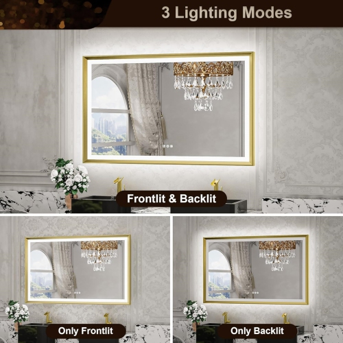 28 x 20 LED Bathroom Mirror with Lights Gold Metal Framed Front & Back Light Vanity Mirror Baroque Antifog Stepless Dimmable White/Warm/Natural, Wall