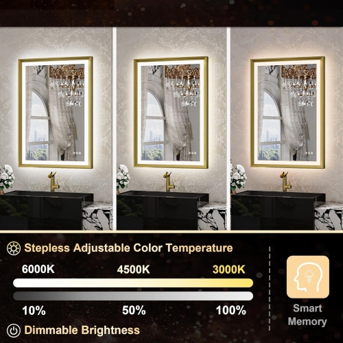 28 x 20 LED Bathroom Mirror with Lights Gold Metal Framed Front & Back Light Vanity Mirror Baroque Antifog Stepless Dimmable White/Warm/Natural, Wall