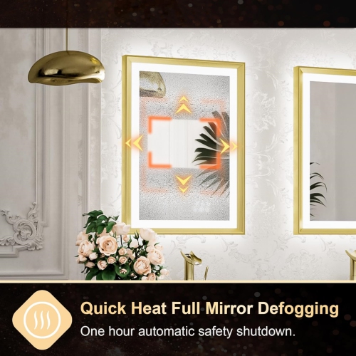 28 x 20 LED Bathroom Mirror with Lights Gold Metal Framed Front & Back Light Vanity Mirror Baroque Antifog Stepless Dimmable White/Warm/Natural, Wall