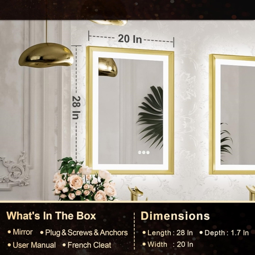 28 x 20 LED Bathroom Mirror with Lights Gold Metal Framed Front & Back Light Vanity Mirror Baroque Antifog Stepless Dimmable White/Warm/Natural, Wall