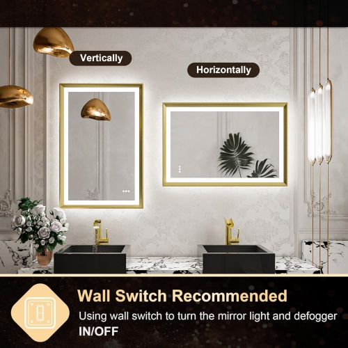 28 x 20 LED Bathroom Mirror with Lights Gold Metal Framed Front & Back Light Vanity Mirror Baroque Antifog Stepless Dimmable White/Warm/Natural, Wall