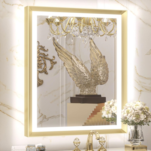 36 x 28 LED Bathroom Mirror with Lights Gold Metal Framed Front & Back Light Vanity Mirror Baroque Antifog Stepless Dimmable White/Warm/Natural, Wall
