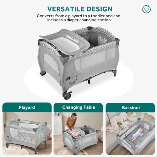 Foldable Baby Playard with Bassinet and Changing Table, Portable Crib Travel Infant Playpen with Zipper Gate, Grey