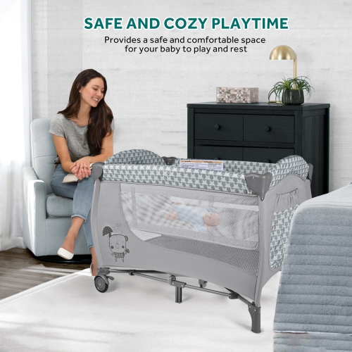Foldable Baby Playard with Bassinet and Changing Table, Portable Crib Travel Infant Playpen with Zipper Gate, Grey