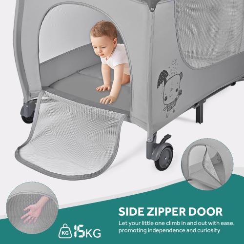 Foldable Baby Playard with Bassinet and Changing Table, Portable Crib Travel Infant Playpen with Zipper Gate, Grey