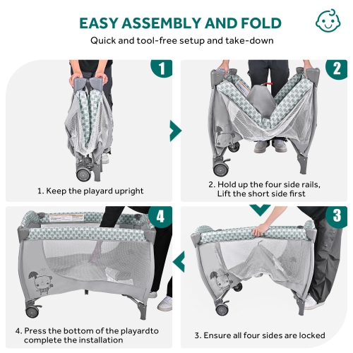 Foldable Baby Playard with Bassinet and Changing Table, Portable Crib Travel Infant Playpen with Zipper Gate, Grey