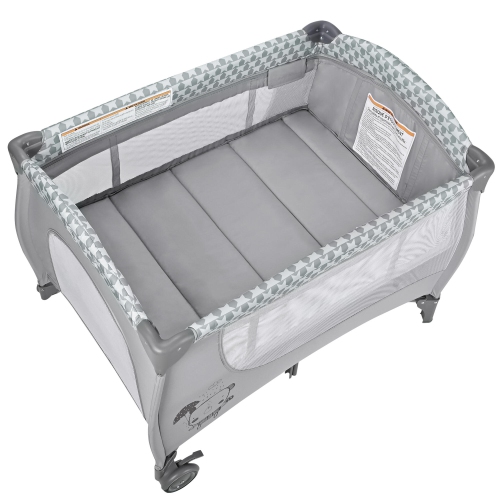 Foldable Baby Playard with Bassinet and Changing Table, Portable Crib Travel Infant Playpen with Zipper Gate, Grey