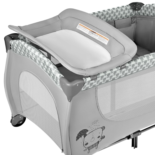 Foldable Baby Playard with Bassinet and Changing Table, Portable Crib Travel Infant Playpen with Zipper Gate, Grey