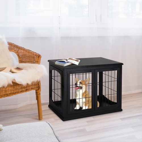 PawHut 32" Wooden Dog Crate Furniture Dog Cage, Modern Side Table Pet Kennel with Double Lockable Door, 32" L x 23" W x 26" H, Black