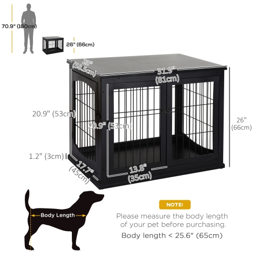 PawHut 32" Wooden Dog Crate Furniture Dog Cage, Modern Side Table Pet Kennel with Double Lockable Door, 32" L x 23" W x 26" H, Black