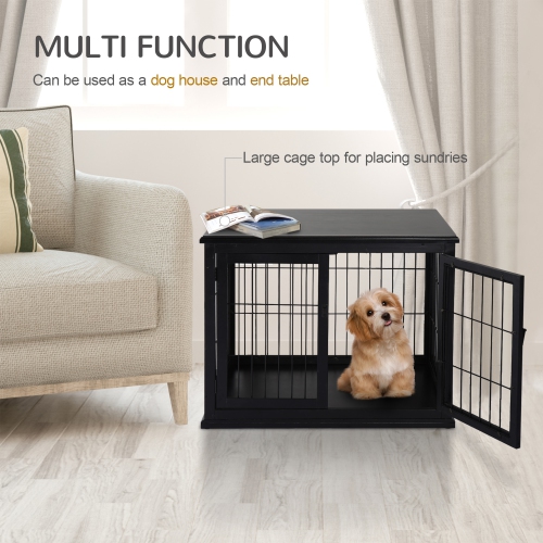 PawHut 32" Wooden Dog Crate Furniture Dog Cage, Modern Side Table Pet Kennel with Double Lockable Door, 32" L x 23" W x 26" H, Black