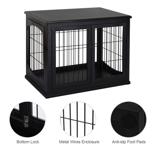 PawHut 32" Wooden Dog Crate Furniture Dog Cage, Modern Side Table Pet Kennel with Double Lockable Door, 32" L x 23" W x 26" H, Black