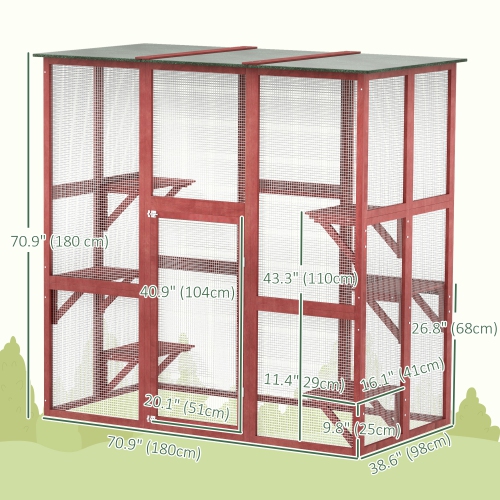 PawHut Outdoor Catio Cat Enclosure, Large Weatherproof Cat House with Asphalt Roof, 6 Jumping Platforms, Wooden Walk-in Kitty Cage for Multiple