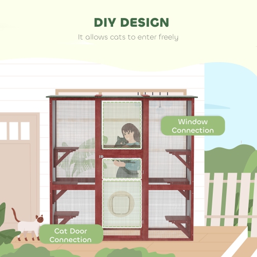 PawHut Outdoor Catio Cat Enclosure, Large Weatherproof Cat House with Asphalt Roof, 6 Jumping Platforms, Wooden Walk-in Kitty Cage for Multiple