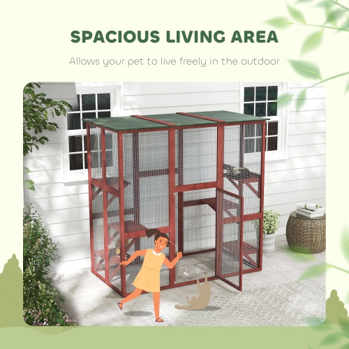 PawHut Outdoor Catio Cat Enclosure, Large Weatherproof Cat House with Asphalt Roof, 6 Jumping Platforms, Wooden Walk-in Kitty Cage for Multiple