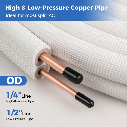 Costway 50 FT Air Conditioning Copper Tubing Hose Extension for Mini Split AC Includes 1/4 inch & 1/2 inch O.D. pipes